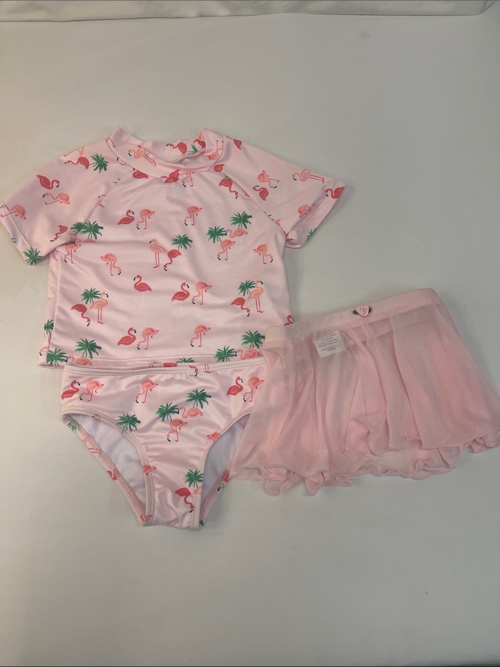 Girls Pink Flamingo Rash Guard Swim Set with Skirt Sz 3T